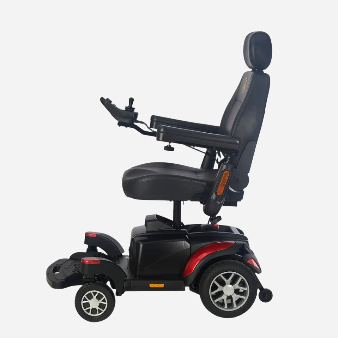 Enjoy full-time luxury on the go in the new BuzzAbout! Perfect for travel, the BuzzAbout power wheelchair is in a class all its own in our popular BuzzAround series of mobility products. The BuzzAbout has a stylish captain’s seat with contoured support and higher back for longer seating tolerance and comfort.