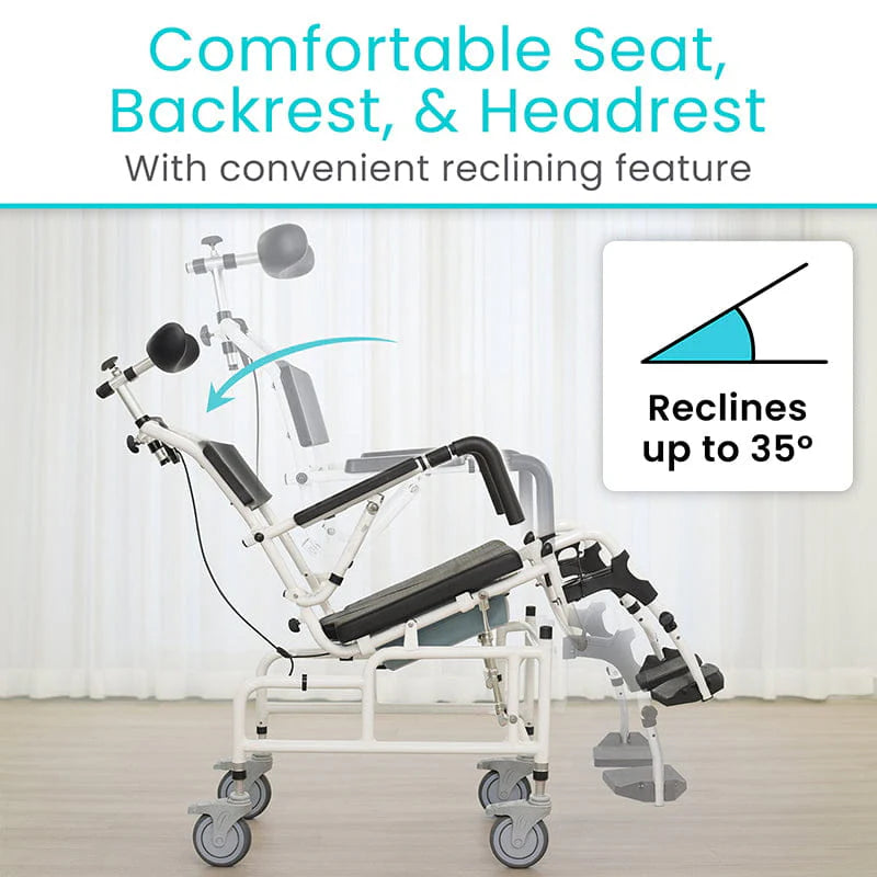 Vive Health Reclining Shower Commode Transport Chair, 35° Recline, 300 lb. Capacity, 32 lb frame,