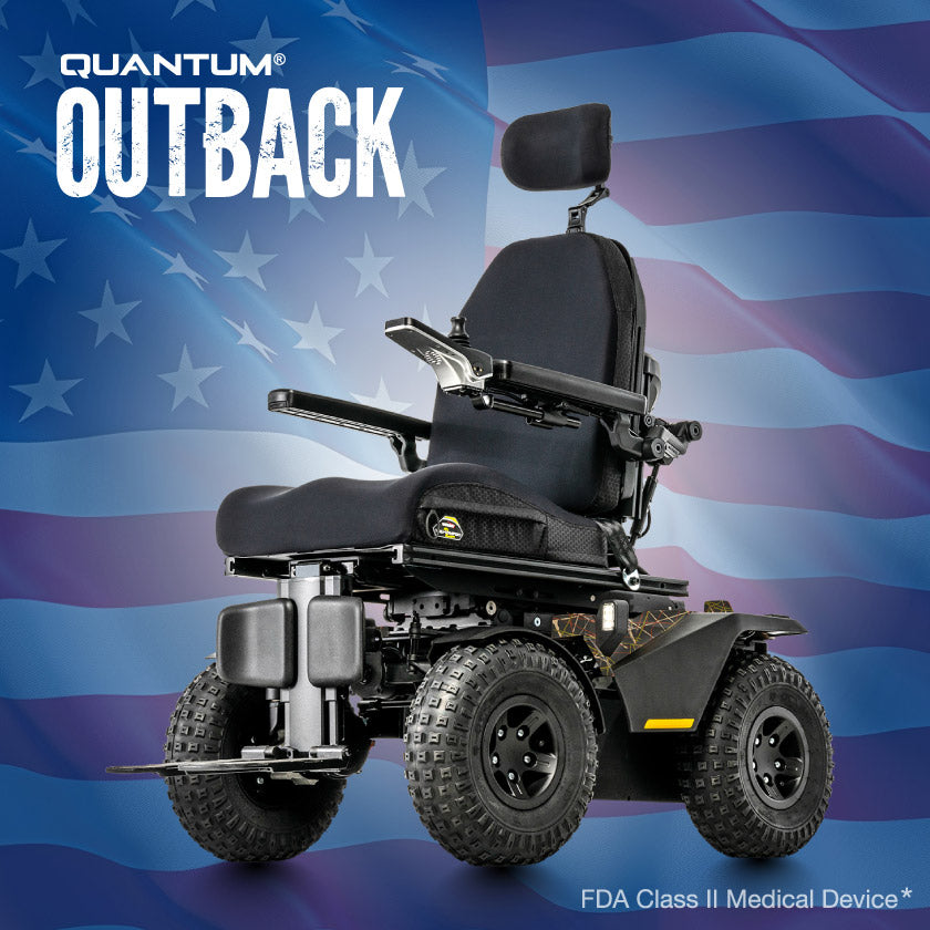 Quantum® Outback Off Road 4x4 Power Wheelchair with Optional TRU-Balance® 3 Power Positioning Systems, Integrated SRS (Smooth Ride Suspension), 15" Tires, Quantum® Backup Camera, LED Lighting Package,
