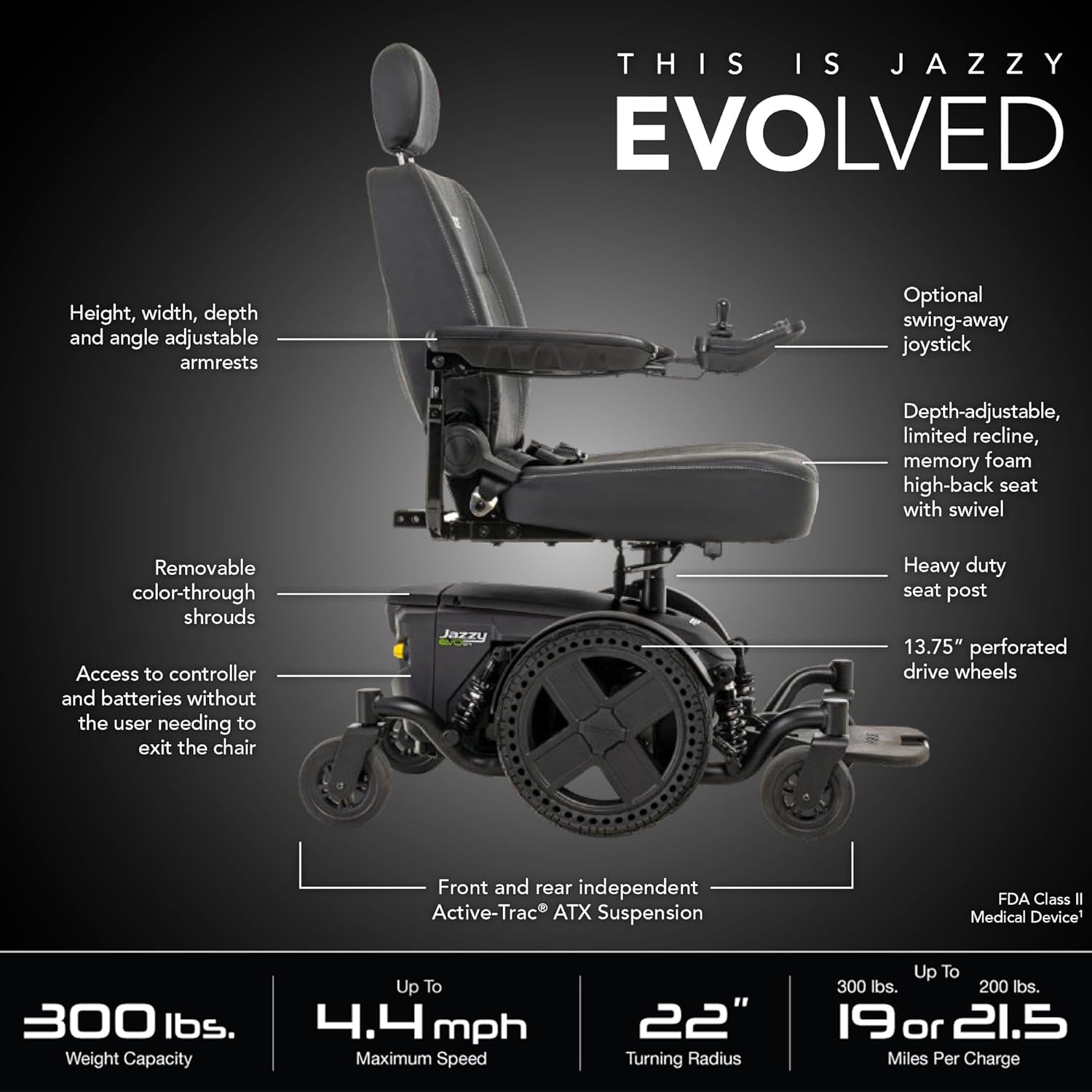 Jazzy® EVO 614 Power Wheelchair with 300 lb. Cap, 22" Turn Radius, 14-21 Mile Range, 14" Tires, Active-Trac® Suspension
