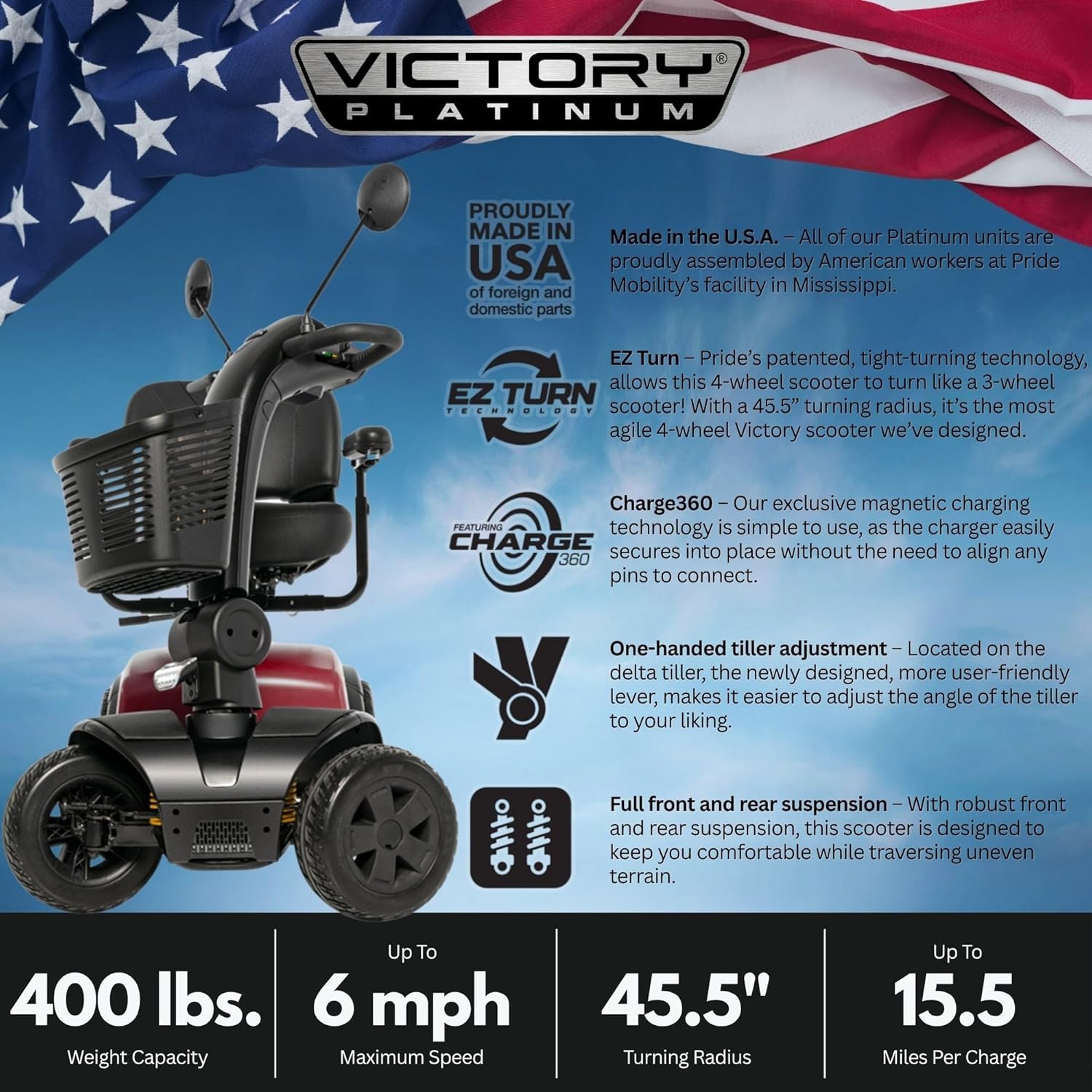 Pride Mobility Victory® Platinum HD Power Scooter, Tight 45" Turn Radius, LED Headlights, 15.5 Basket