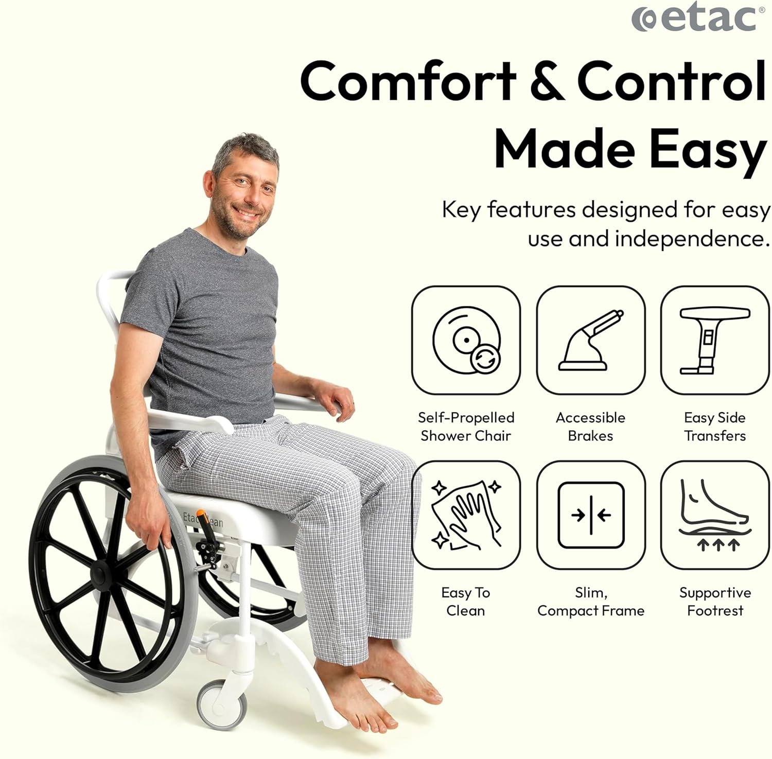 Etac Clean 24" Self-Propelled Shower Chair with Wheels