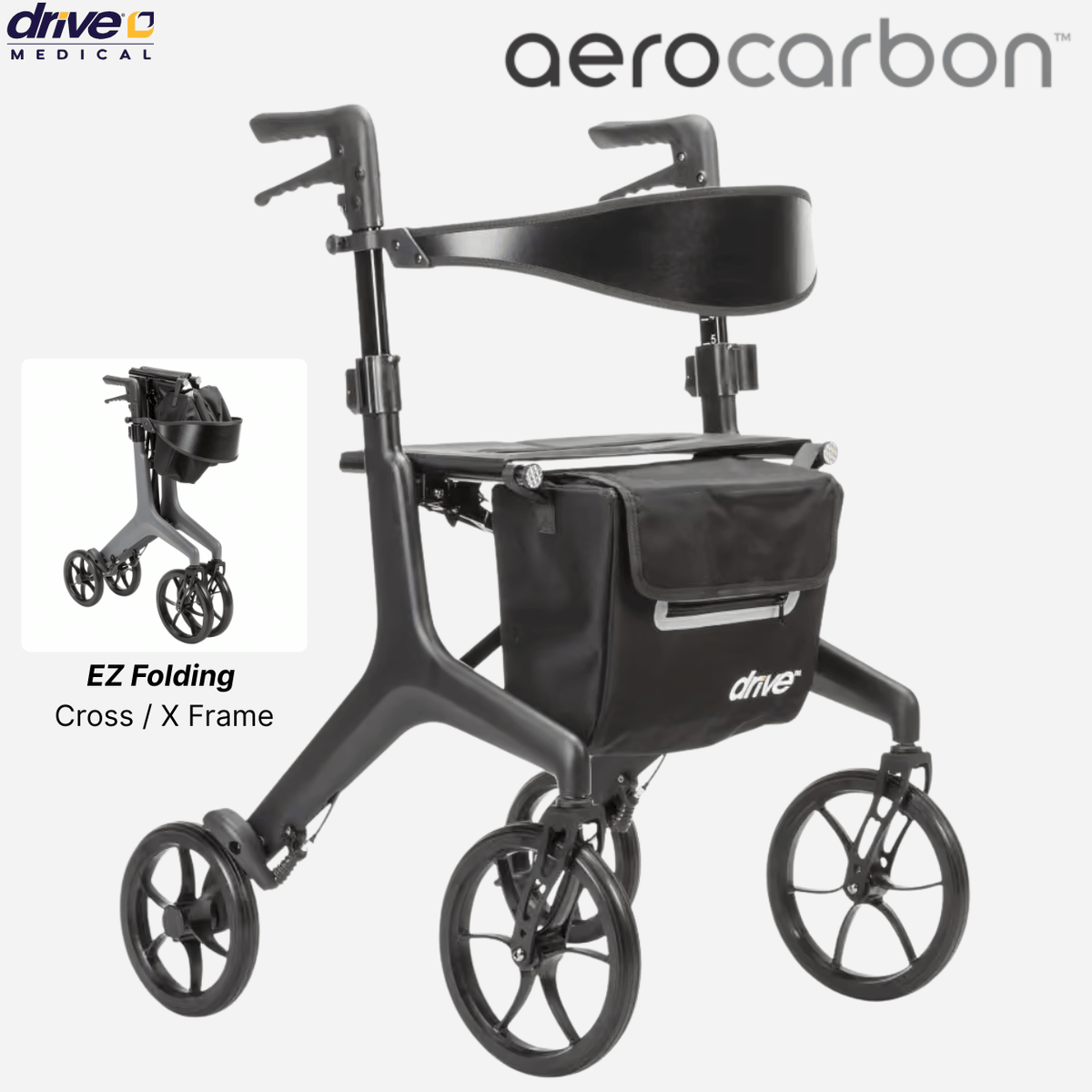 NEW! AeroCarbon™ Ultra-Lite Rollator, 11.5 lbs., 8"-9" Tires, 17.5” wide seat, 330 lbs. Cap, NEW! Drive Medical Aerowalk line