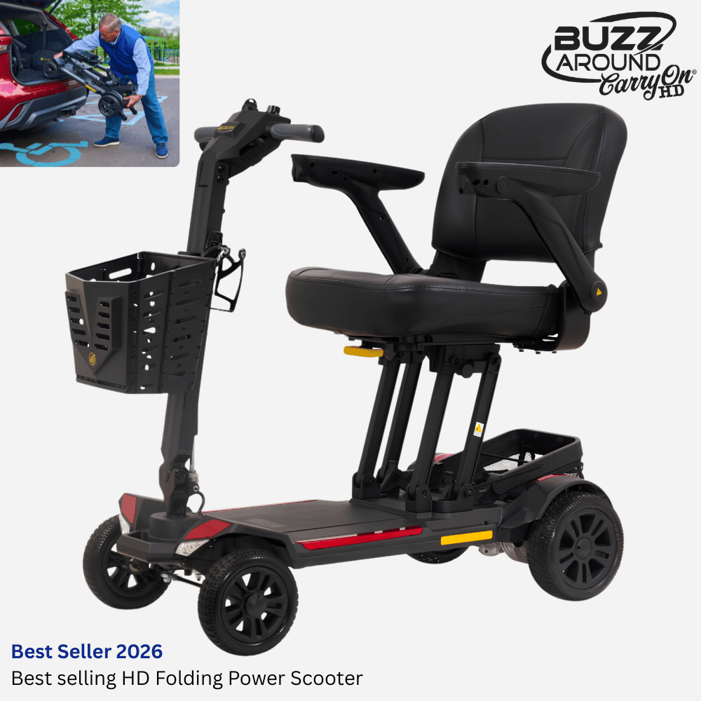 BEST SELLER! Golden Tech Buzzaround CarryOn HD Power Scooter with 400 lb. Cap, Padded Seat, Basket, Airline/ FAA Safe Battery, Cup, Cane Holder, Easily Folds, FREE 2nd Battery (GB220)