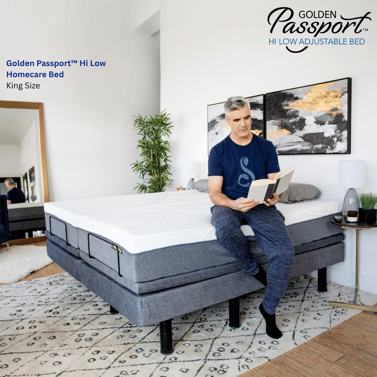 Golden Passport™ Hi Low Adjustable Homecare Bed w/ Massage, Hi Low Position, 880 lbs Cap, Optional King Size, 10" Trilayer Foam Mattress w/ Firm Sides, Underbed Light, Easy Control