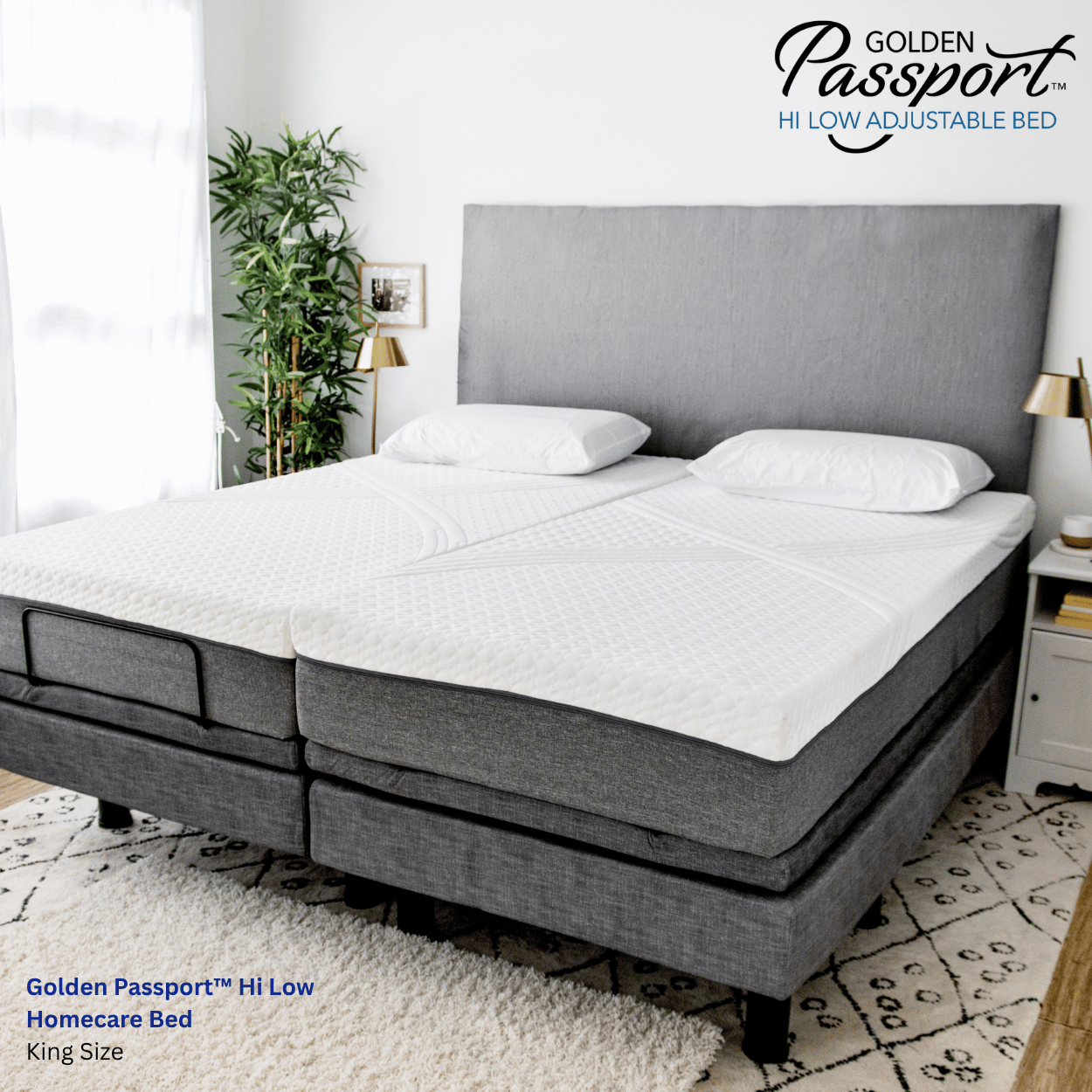 Golden Passport™ Hi Low Adjustable Homecare Bed w/ Massage, Hi Low Position, 880 lbs Cap, Optional King Size, 10" Trilayer Foam Mattress w/ Firm Sides, Underbed Light, Easy Control