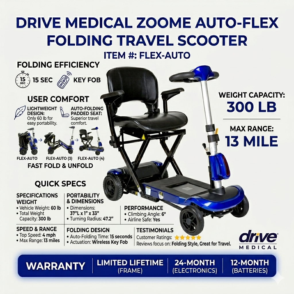 Drive Medical ZooMe Auto-Flex Electric Folding Travel Scooter, 300 lbs. Cap, 13 Mile Range, Airline safe battery, Power Folding/Unfolding