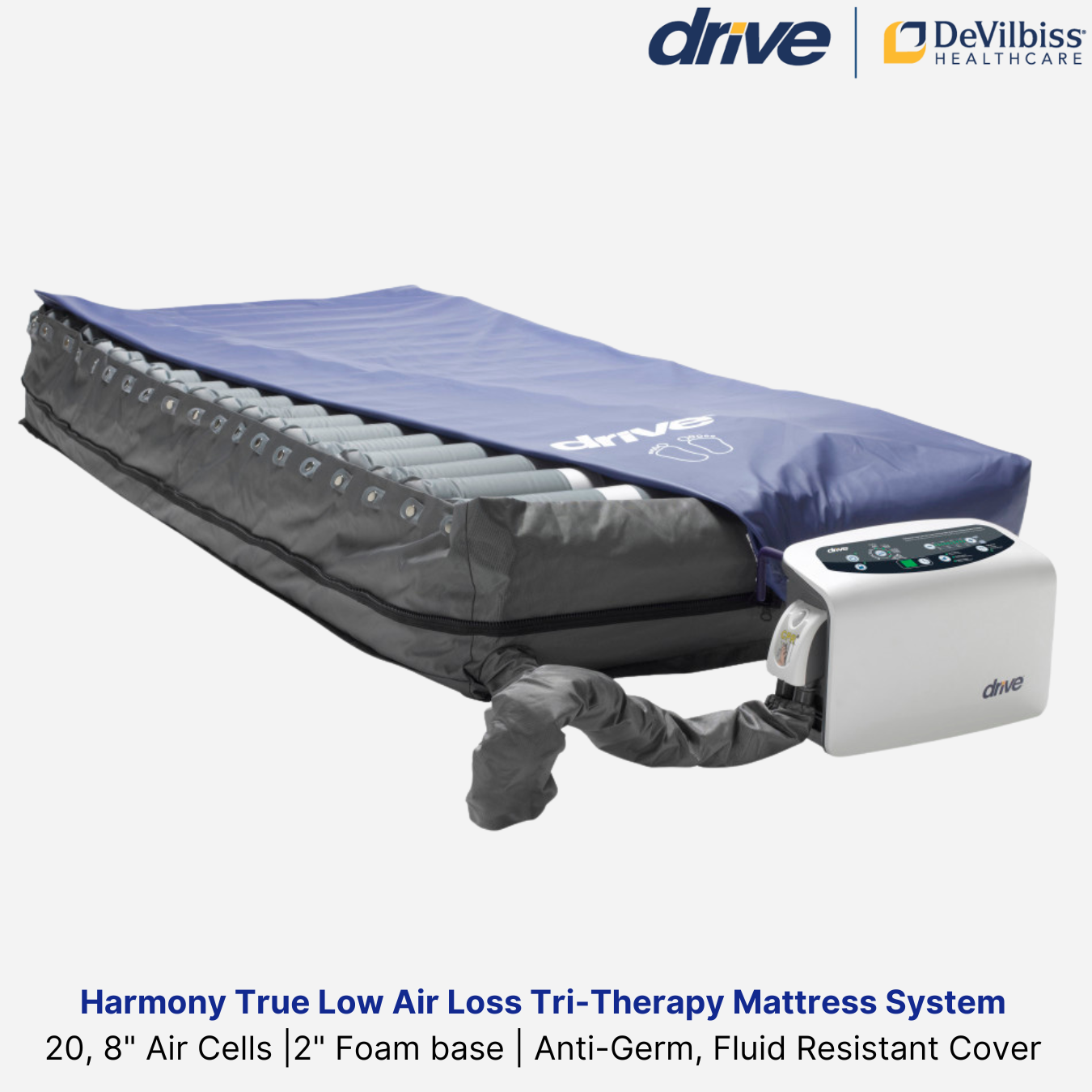Drive Medical Harmony True Low Air Loss Mattress System, 20 8" Air Cells, 2" Foam base, Anti-Germ, Fluid Resistant Cover