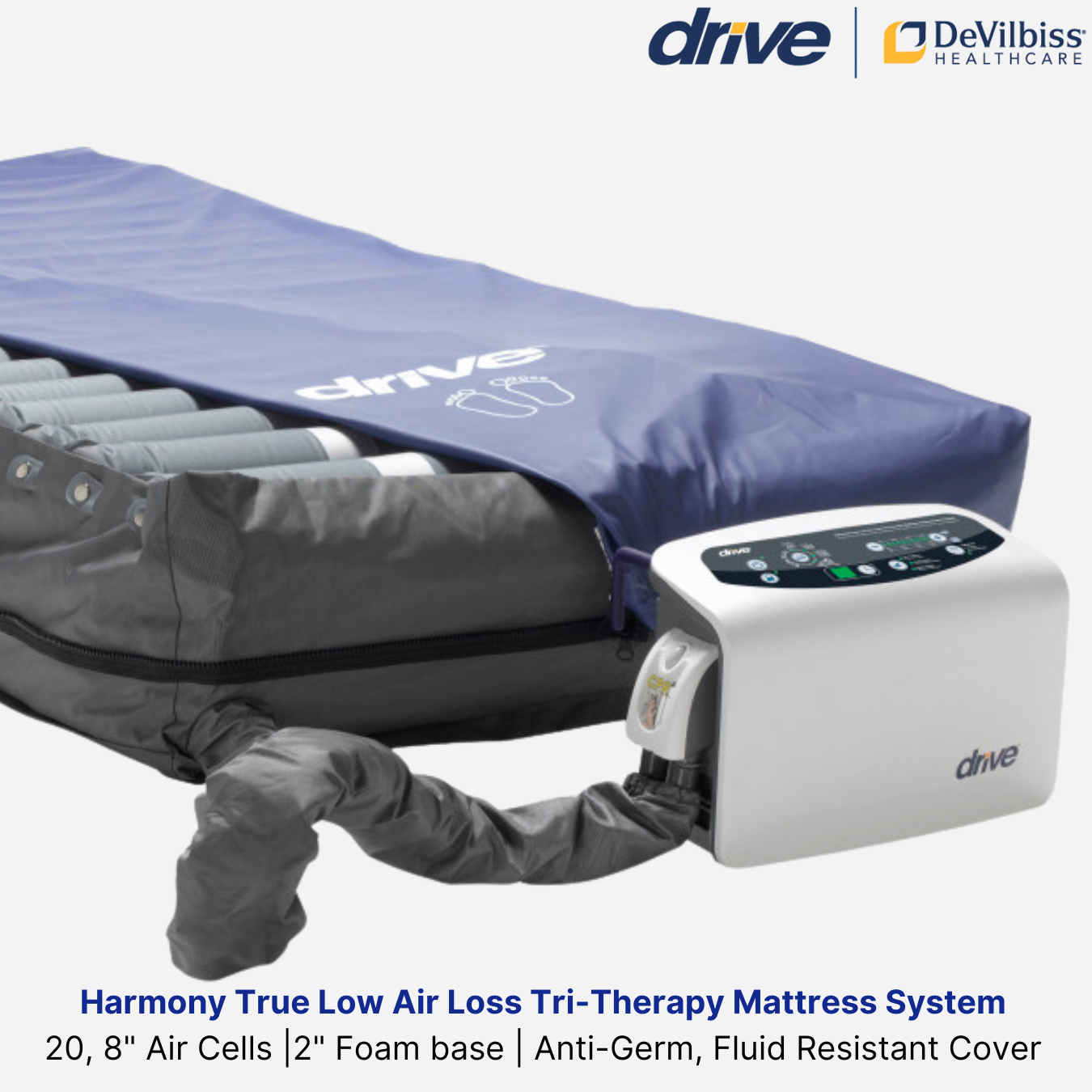 Drive Medical Harmony True Low Air Loss Mattress System, 20 8" Air Cells, 2" Foam base, Anti-Germ, Fluid Resistant Cover