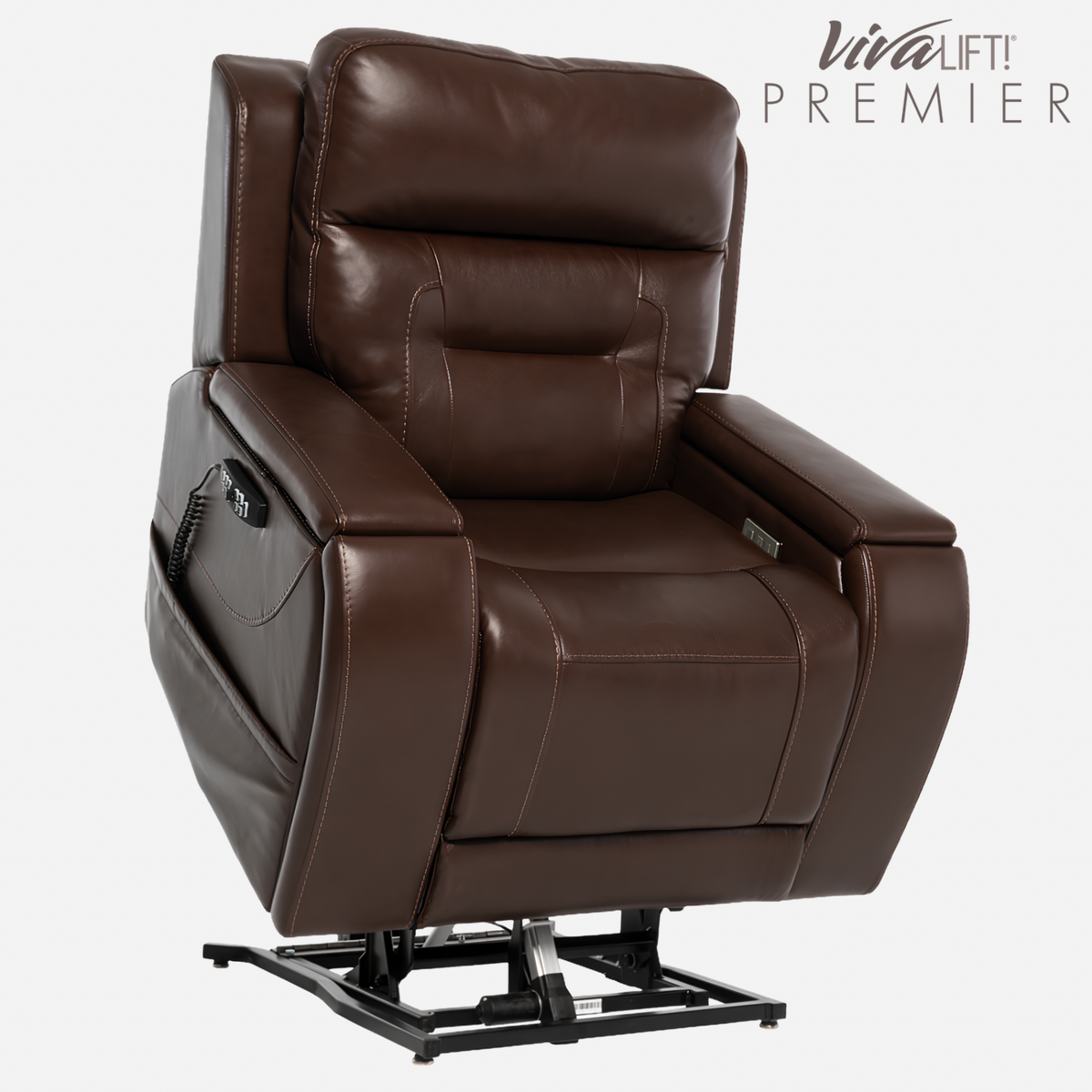 VivaLift!® Premier Lift Chair Recliner w/ Audio & Cinema Vibration, 100% American Leather, Back/Foot Control, Power Head & Lumbar, Cup Holder & Phone Charger