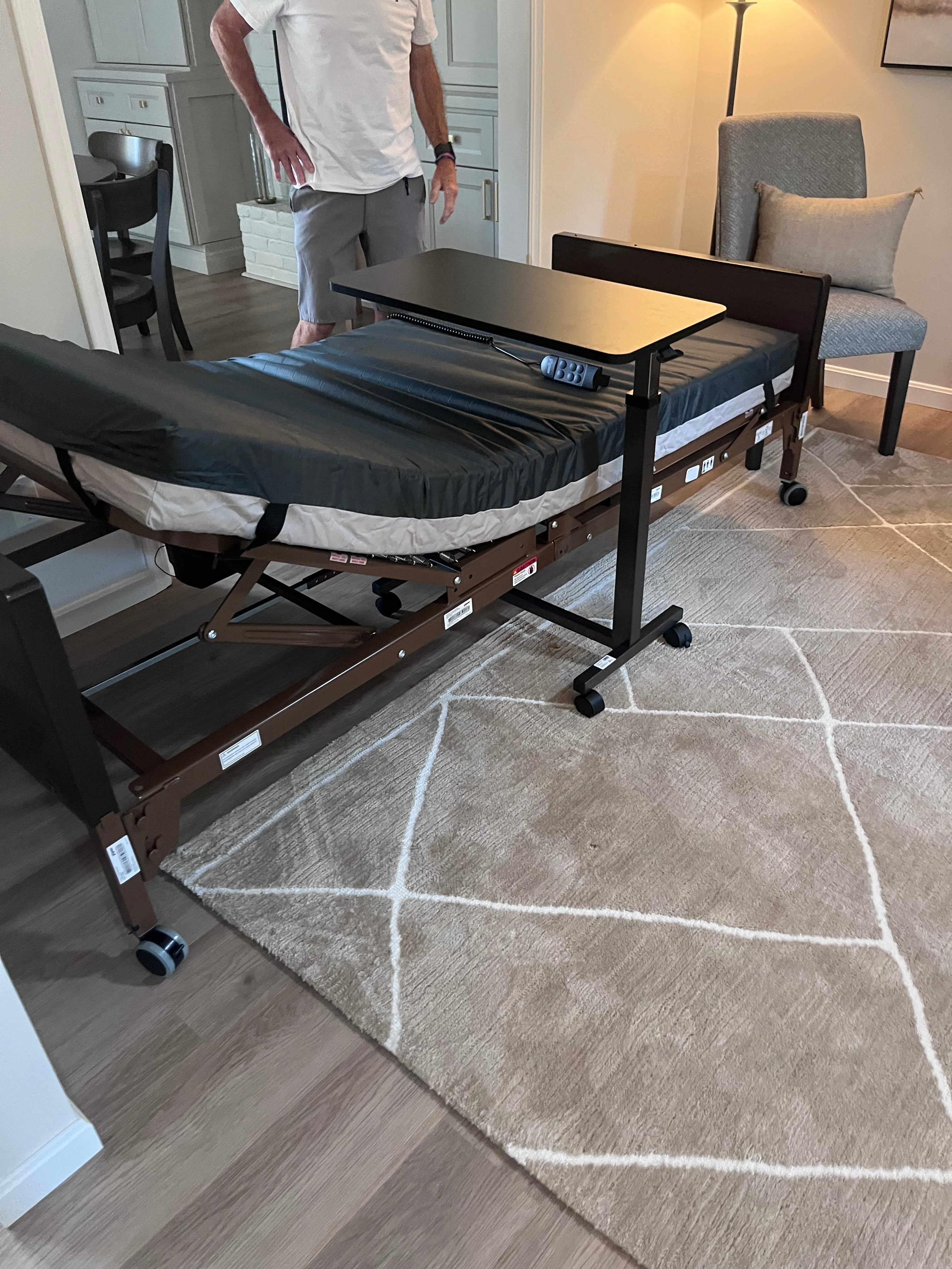 Homecare Low Bed Rental Package, 12" Low to Floor Bed, Mattress, Bed Rails, Overbed Table, Optional Fall Matt & Extra Matress on side