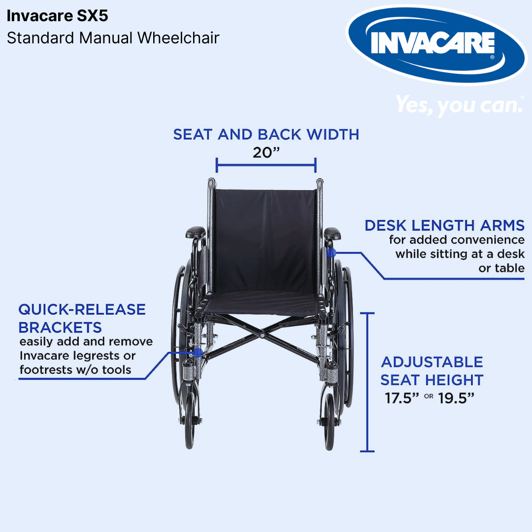 Invacare SX5 Manual Wheelchair, Strong Steel Frame, 16”,18”,20” & 22” Seat Sizes, 300 lbs Cap., Great Reviews
