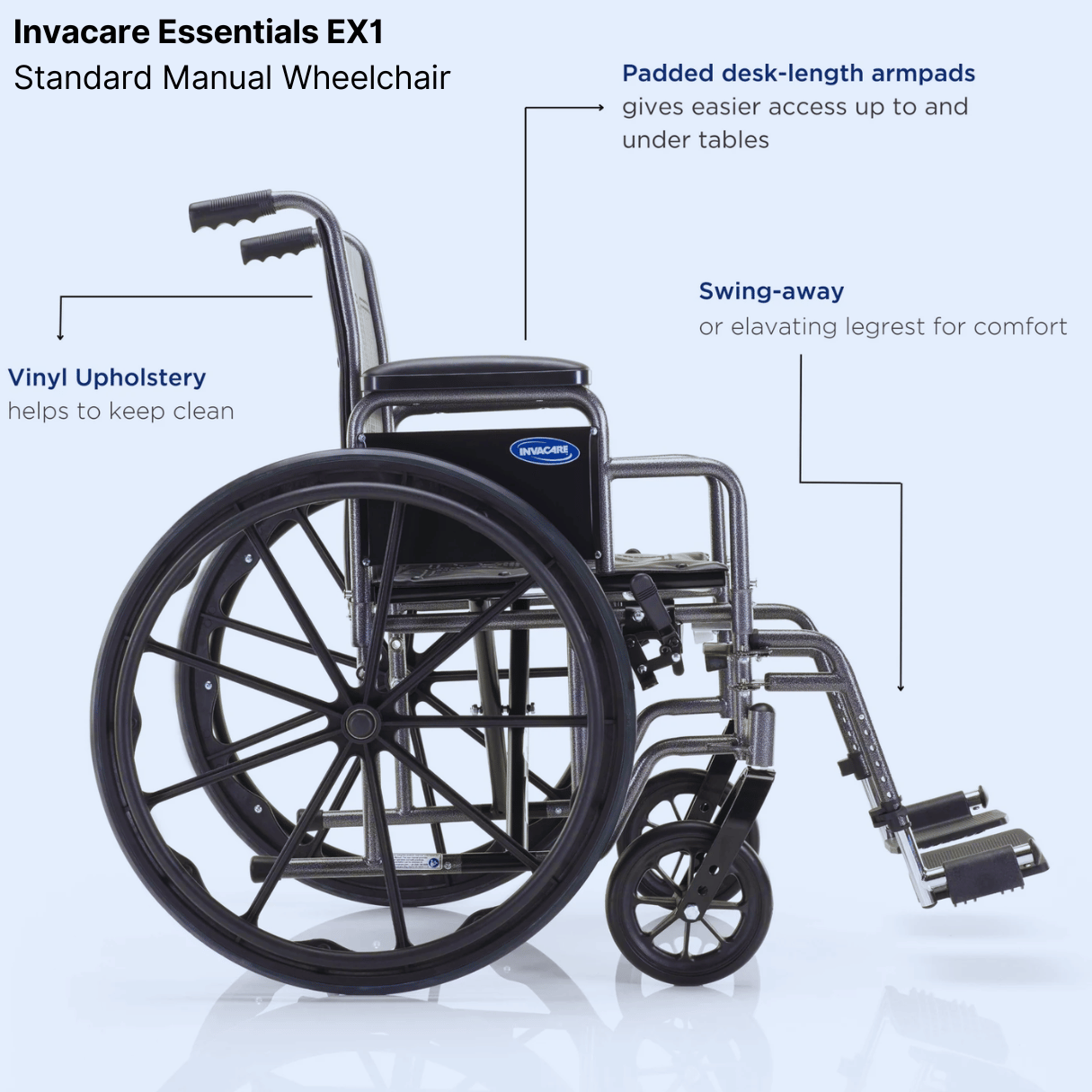 Invacare Essentials Tracer EX1 Manual Wheelchair, Folding Frame, Swing Away Legrests, Desk Arms, 16”,18”,20” Seat Widths, Daily Use
