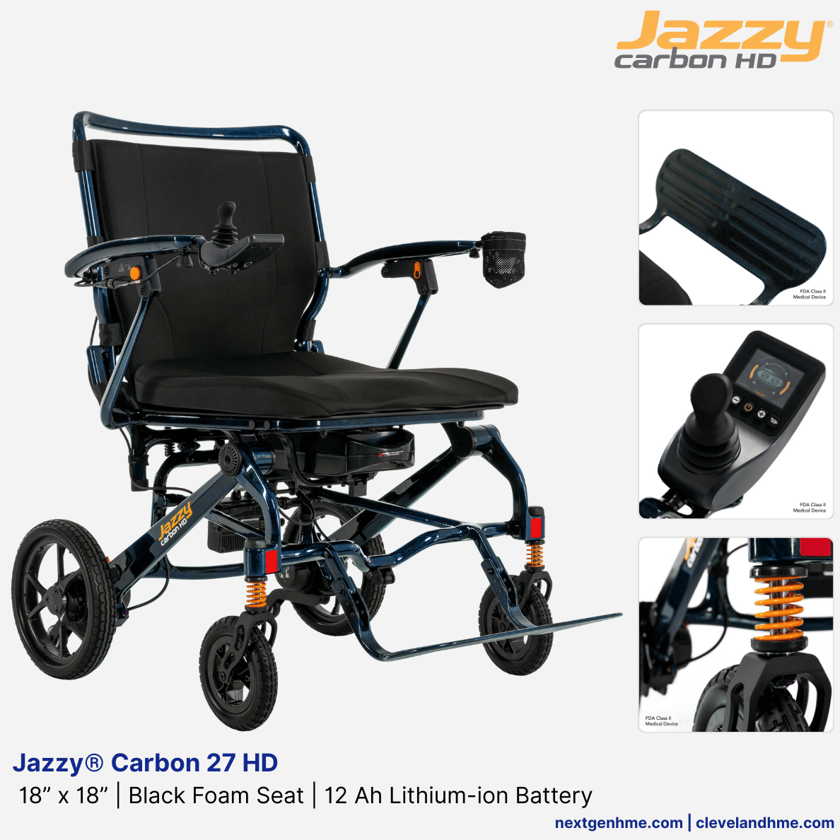NEW! Pride Mobility Jazzy® Carbon HD,20” x 20” Black Foam Seat, 20 Ah Lithium-ion Battery