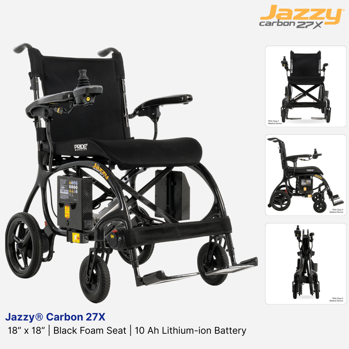 NEW! Pride Mobility Jazzy® Carbon 27X, Black, 18” x 18” Black Foam Seat, 10 Ah Lithium-ion Battery