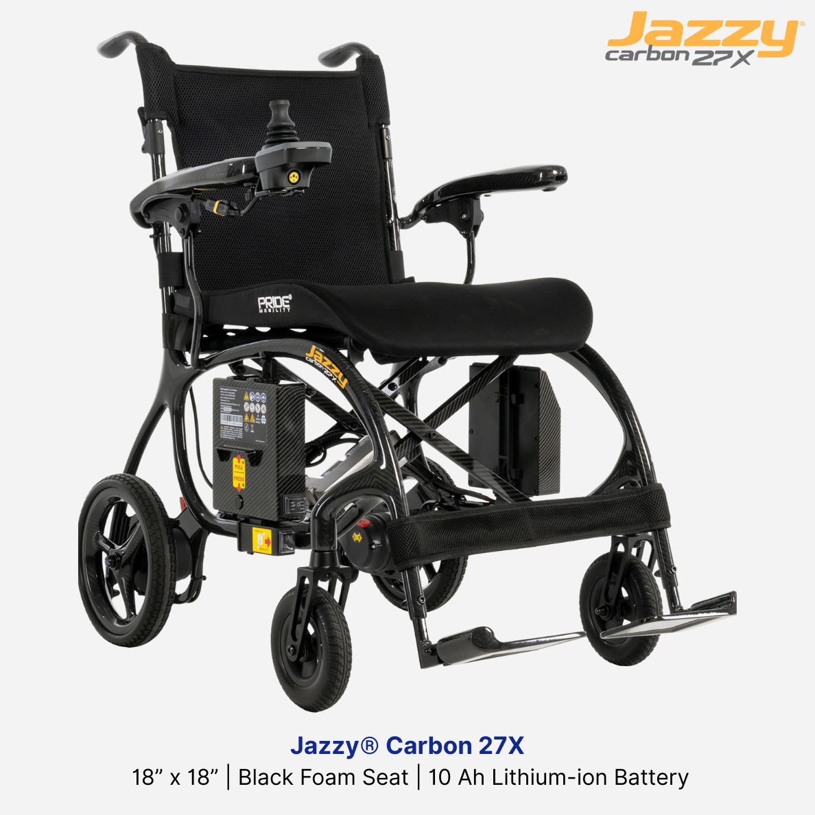NEW! Pride Mobility Jazzy® Carbon 27X, Black, 18” x 18” Black Foam Seat, 10 Ah Lithium-ion Battery