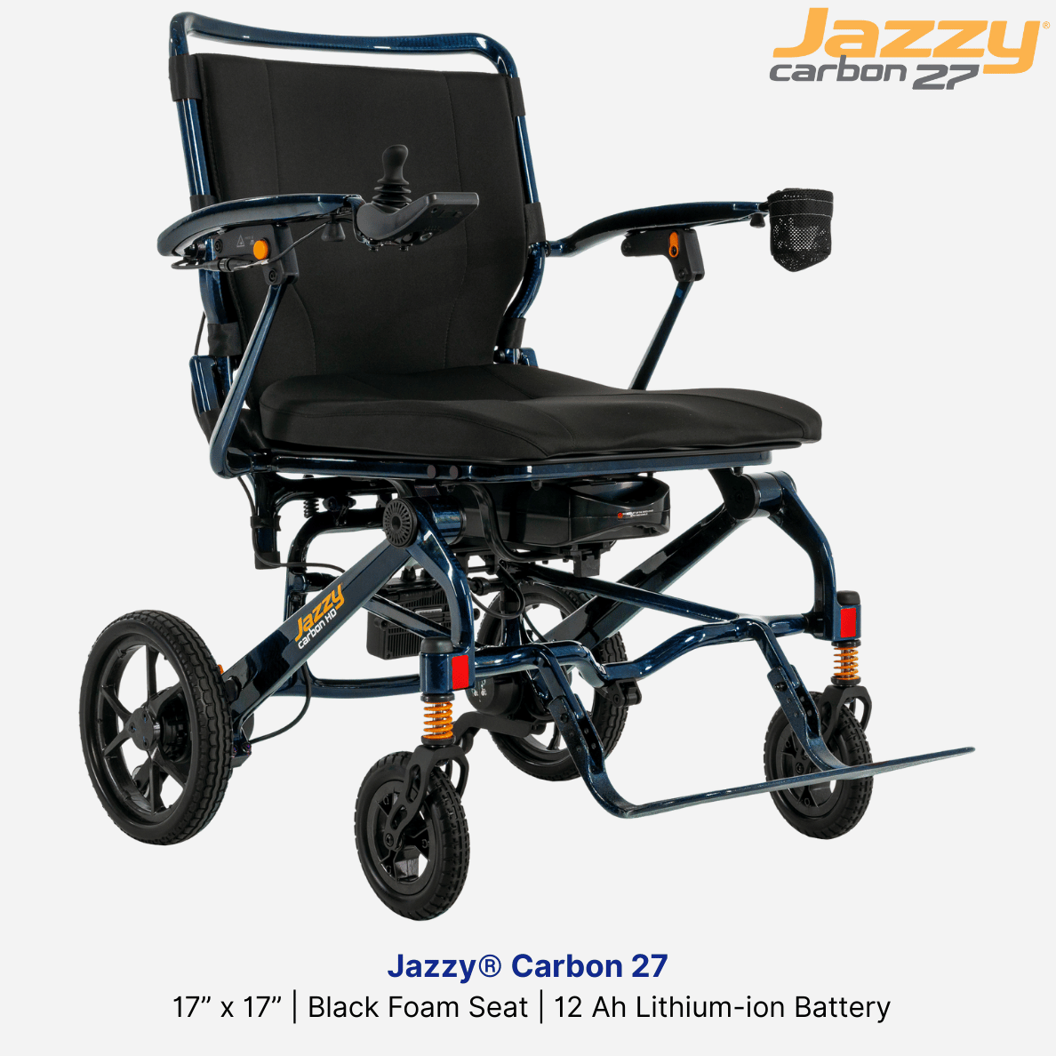 NEW! Pride Mobility Jazzy® Carbon 27, 17” x 17” Black Foam Seat, 12 Ah Lithium-ion Battery