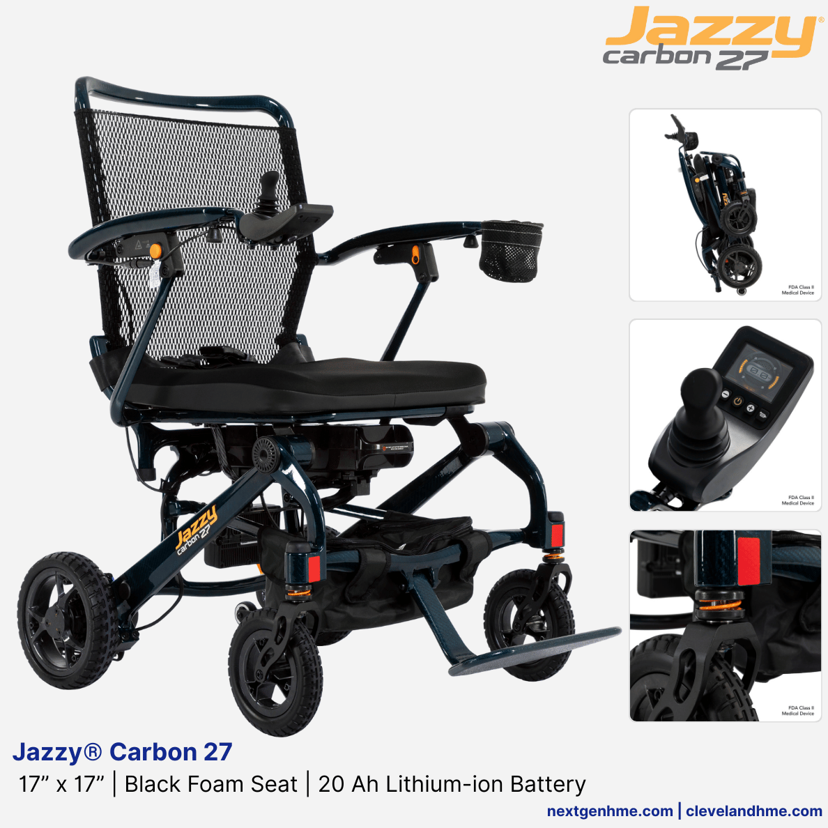 NEW! Pride Mobility Jazzy® Carbon 27, 17” x 17” Black Foam Seat, 12 Ah Lithium-ion Battery
