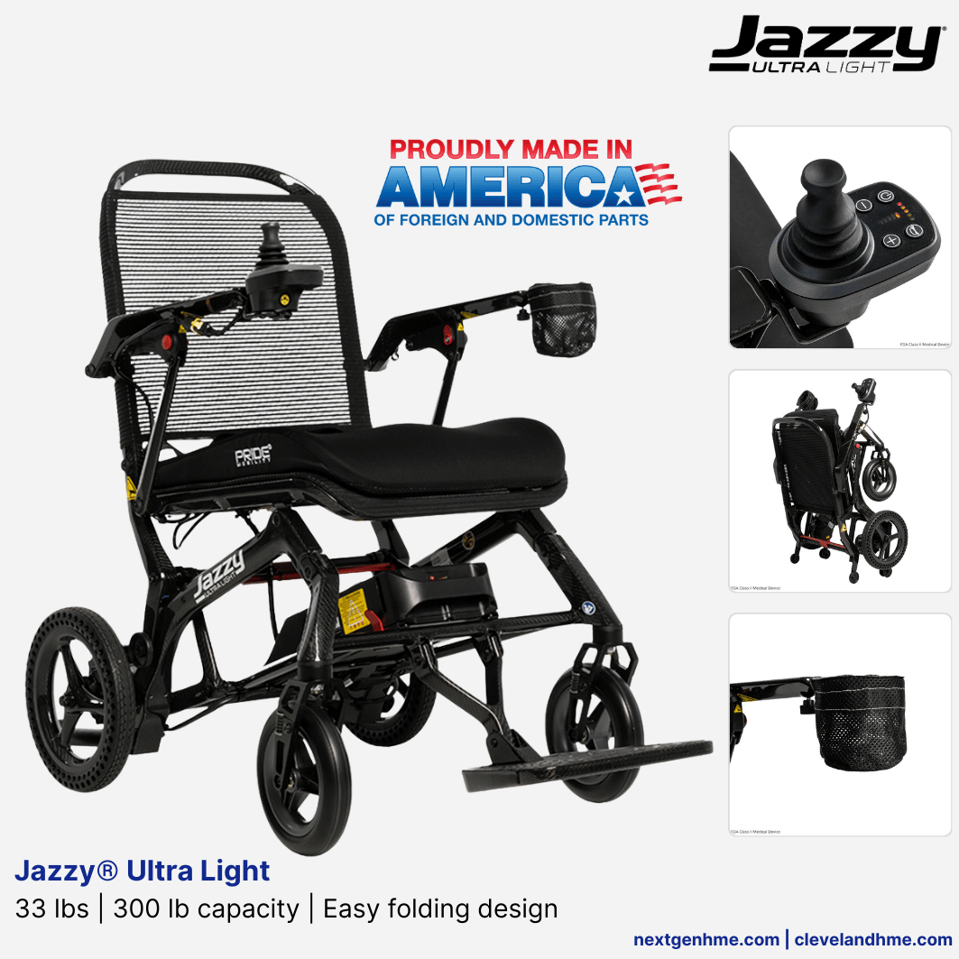 Made in USA! Pride Mobility Jazzy® Ultra Light Carbon Fiber Portable Power Wheelchair 33 lbs, 300 lb. capacity, Cup Holder, Comfortable Foam Cushion