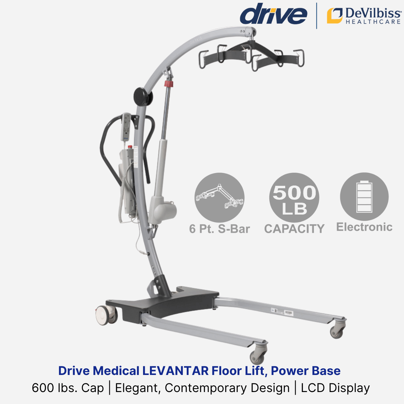 Drive Medical LEVANTAR Heavy Duty Power Lift, 500 lbs. Cap, Power Base, Modern Design, LCD Screen, Lift Range (26"-76")