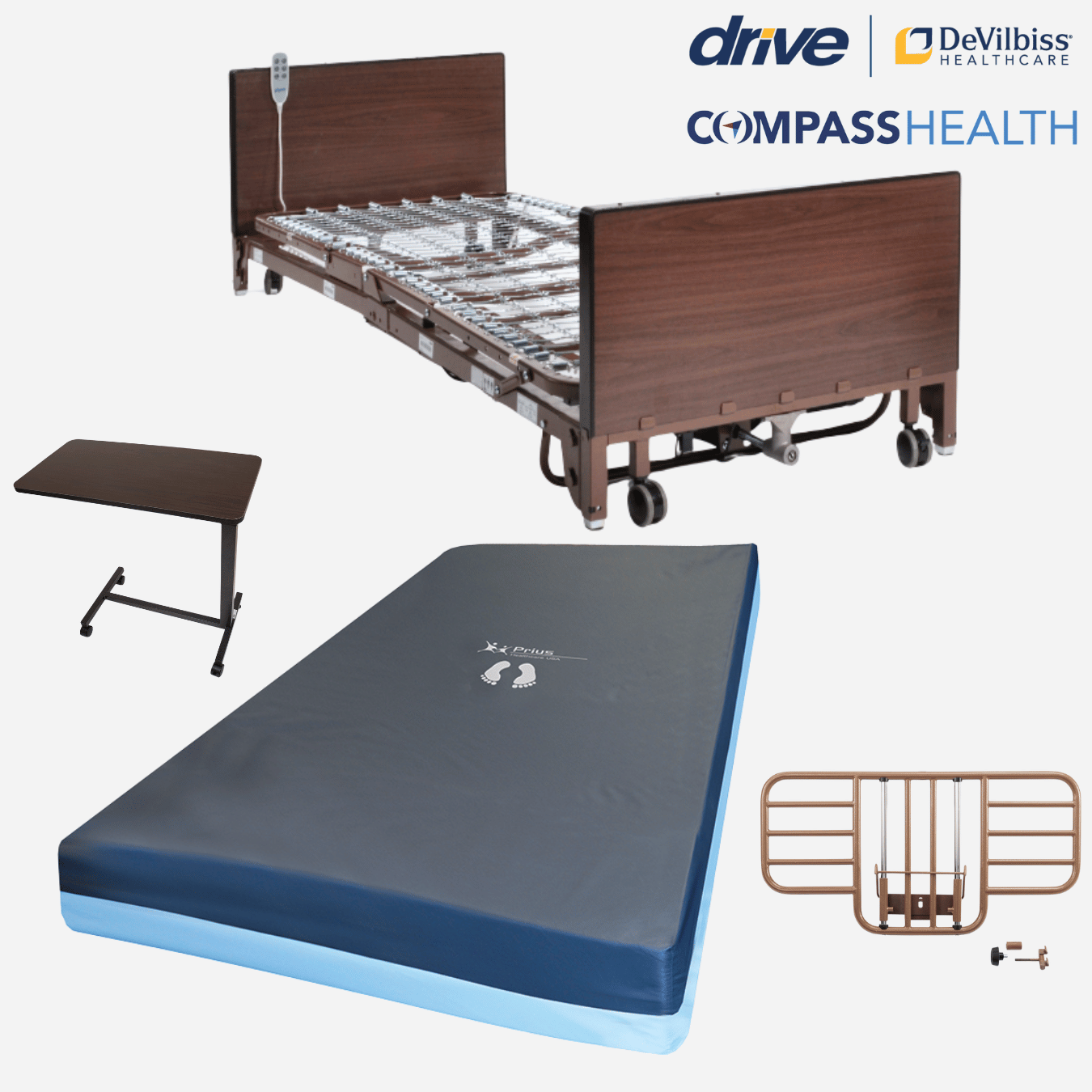 Homecare Low Bed Rental Package, 12" Low to Floor Bed, Mattress, Bed Rails, Overbed Table, Optional Fall Matt & Extra Matress on side