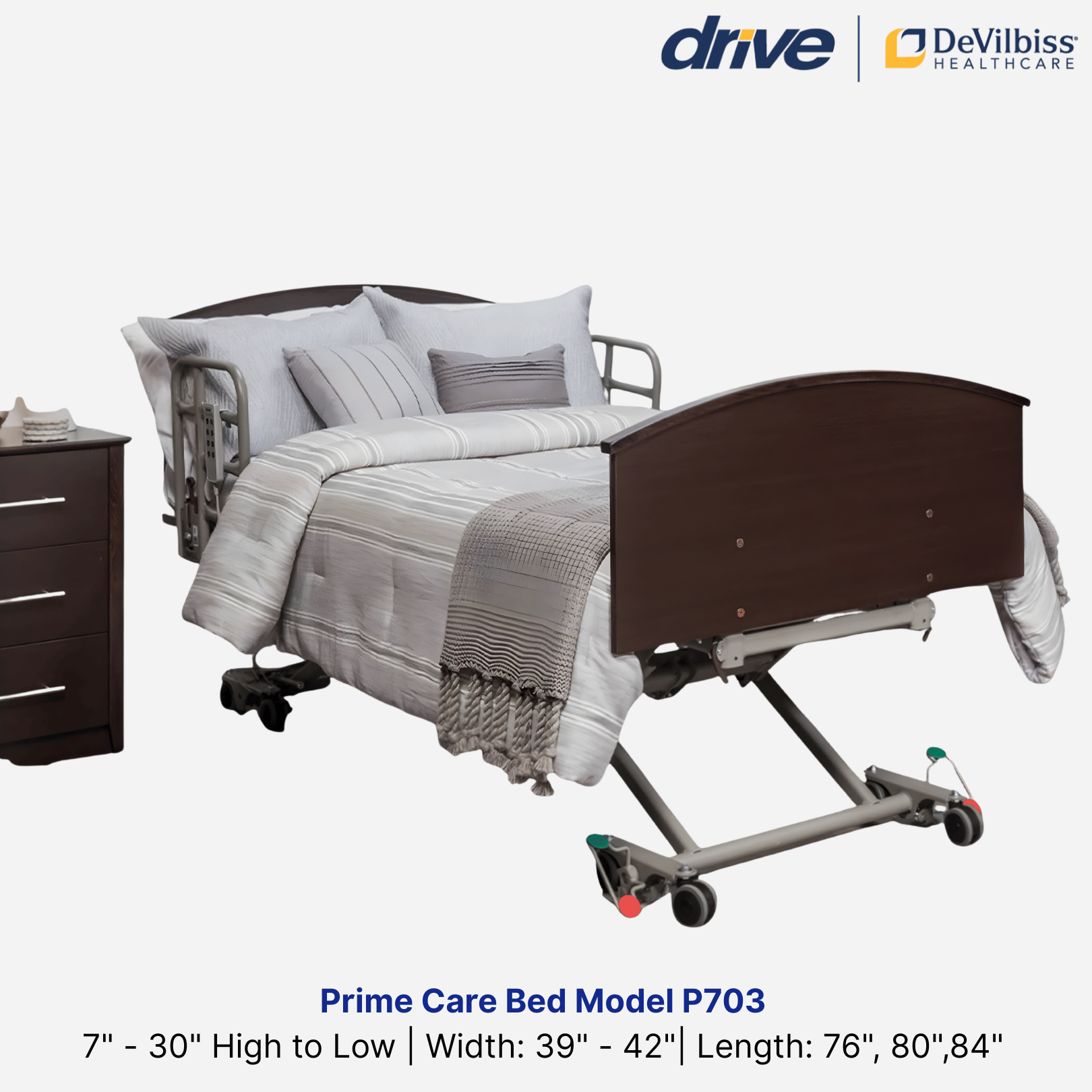 Prime Care P703 Homecare Low Bed, optional Trendelenburg / Reverse Trendelenburg, 7"-30"Height Range, 550 lb Cap.