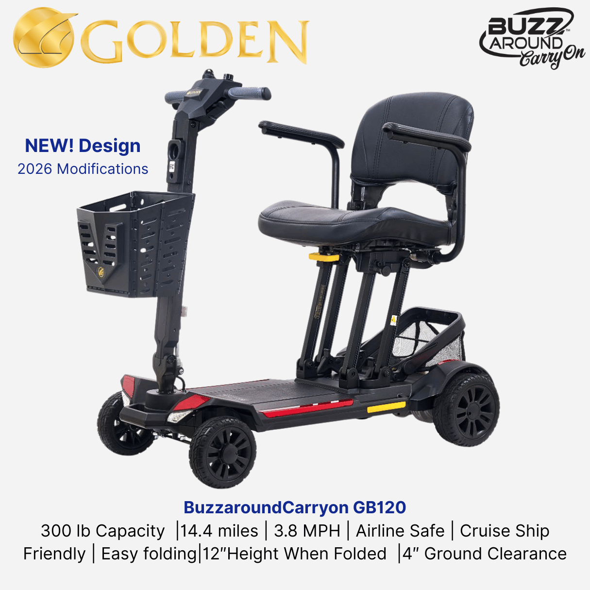 Golden Tech Buzzaround CarryOn Power Scooter, Airline Safe Battery, Folding Design, easy to use (GB120)