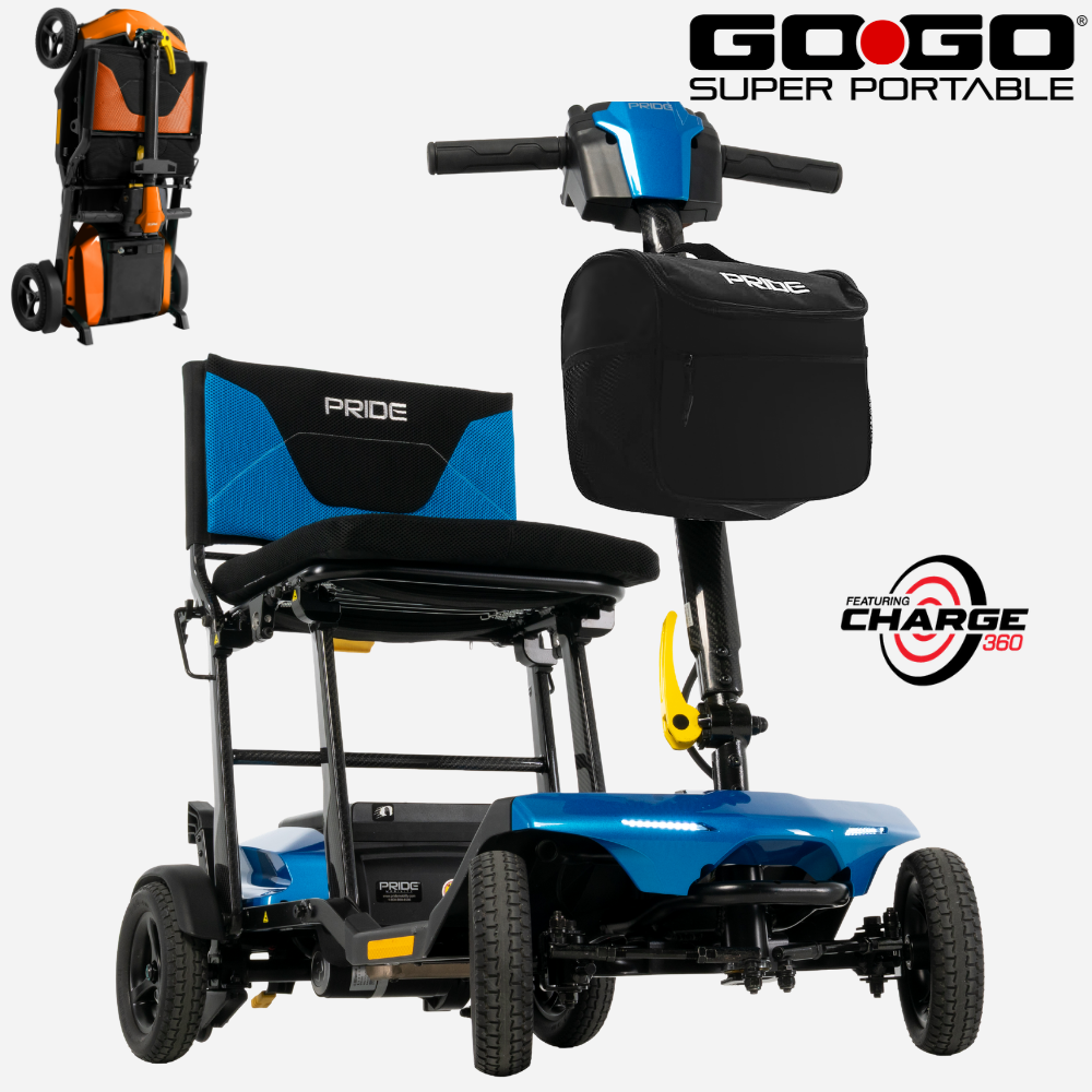 Pride Mobility Go Go® Super Portable Folding Portable Scooter with Airline Safe Battery, Front Basket, & One Piece Folding Design (SC15)