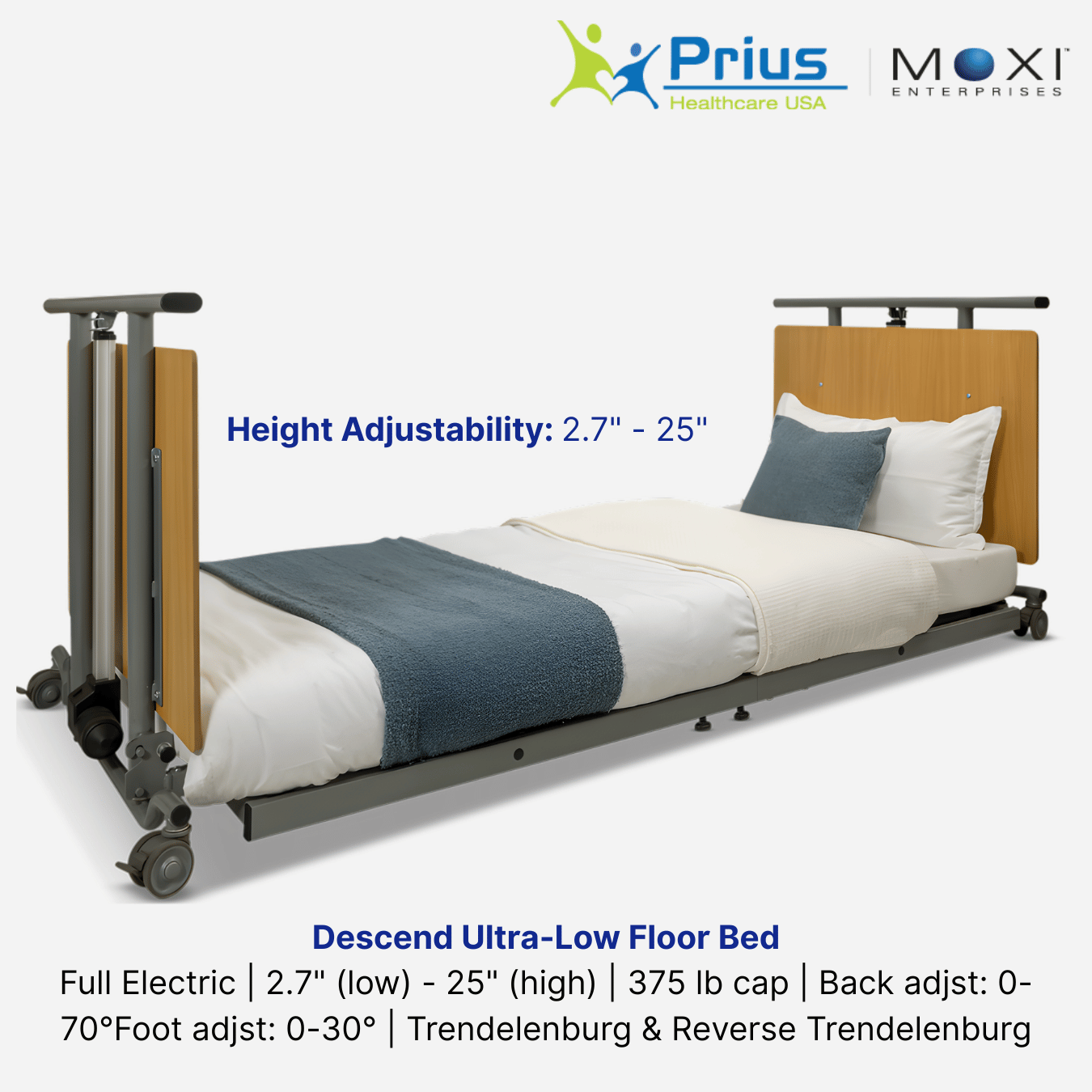 Prius Healthcare Descend Ultra-Low Floor Homecare Bed, 2.7" Low Position, 25" Rise, 550lb Capacity, Easy to use remote, Best Seller