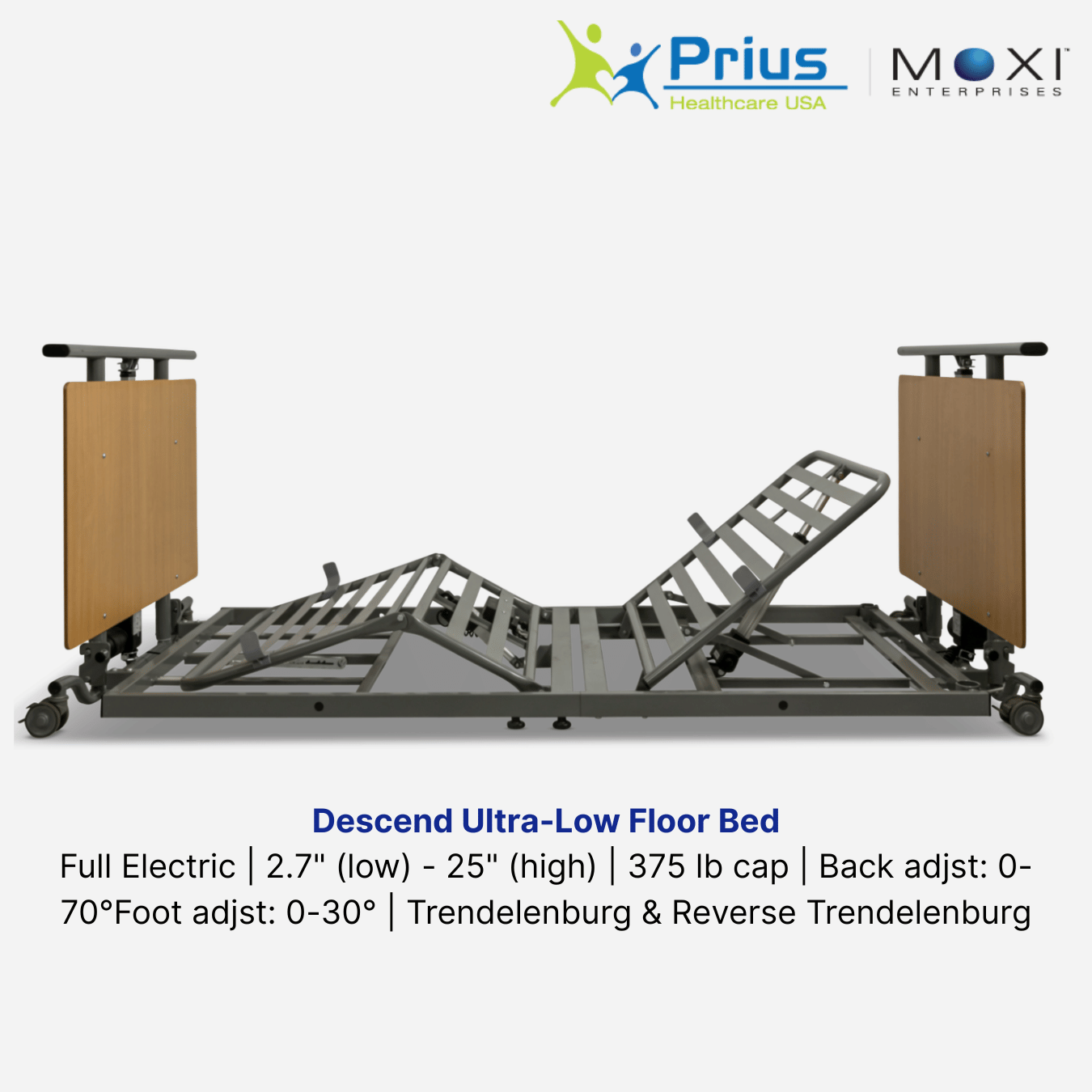Prius Healthcare Descend Ultra-Low Floor Homecare Bed, 2.7" Low Position, 25" Rise, 550lb Capacity, Easy to use remote, Best Seller