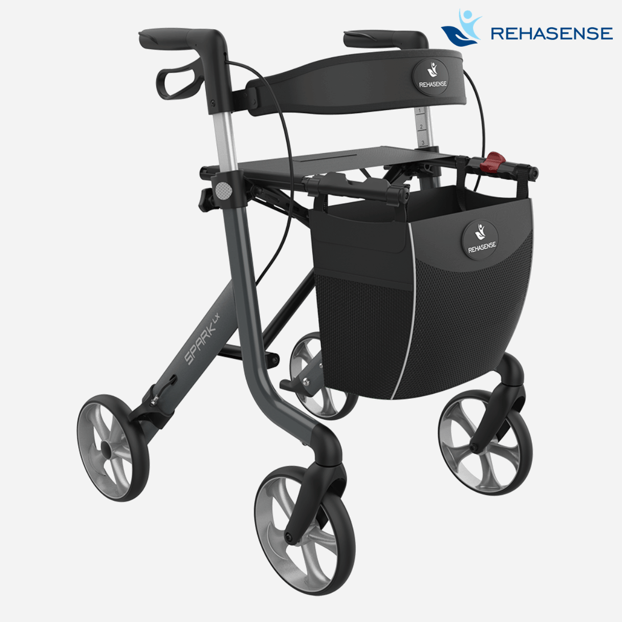 Rehasense Spark LX Lightweight Rollator, Aluminium, Soft Wheels, Backrest + Bag, Red Secure Clip, BEST SELLER!