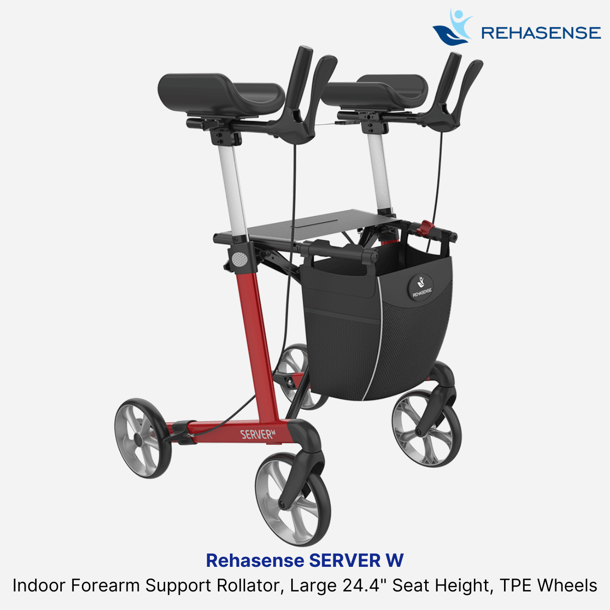 Rehasense Indoor Forearm Support Rollator, Large 24.4" Seat Height, Red, TPE Wheels