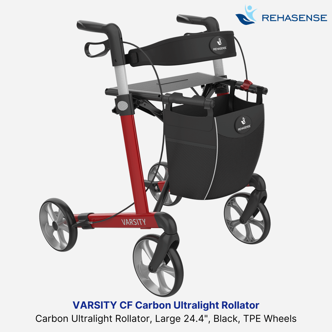 Rehasense Varsity CF Premium Carbon Fiber Rollator, 11.4 lbs w/ bag & backrest, 18" Seat, Easy Folding 8" Tires, Stylish Carbon Fiber Design