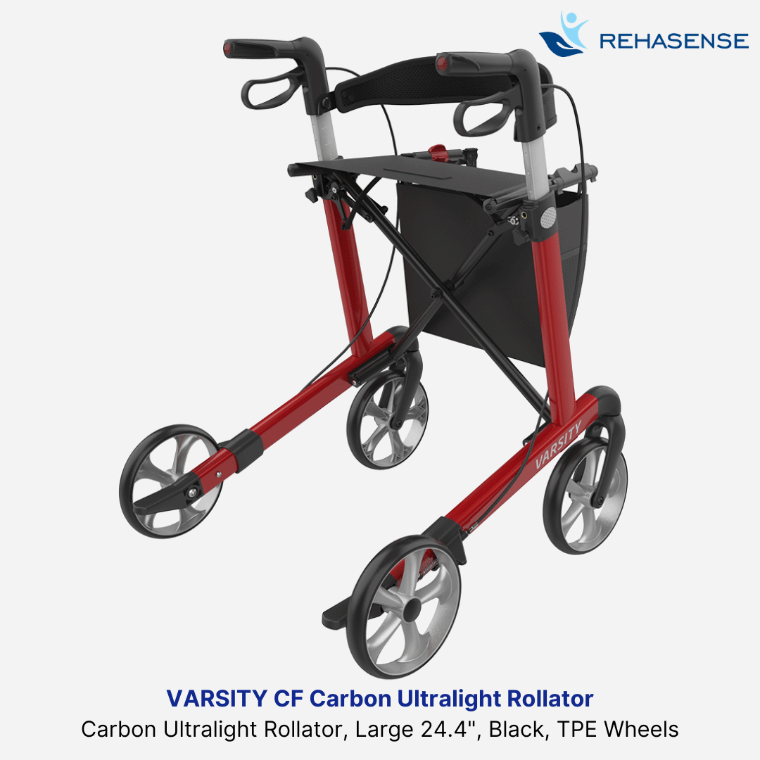 Rehasense Varsity CF Premium Carbon Fiber Rollator, 11.4 lbs w/ bag & backrest, 18" Seat, Easy Folding 8" Tires, Stylish Carbon Fiber Design