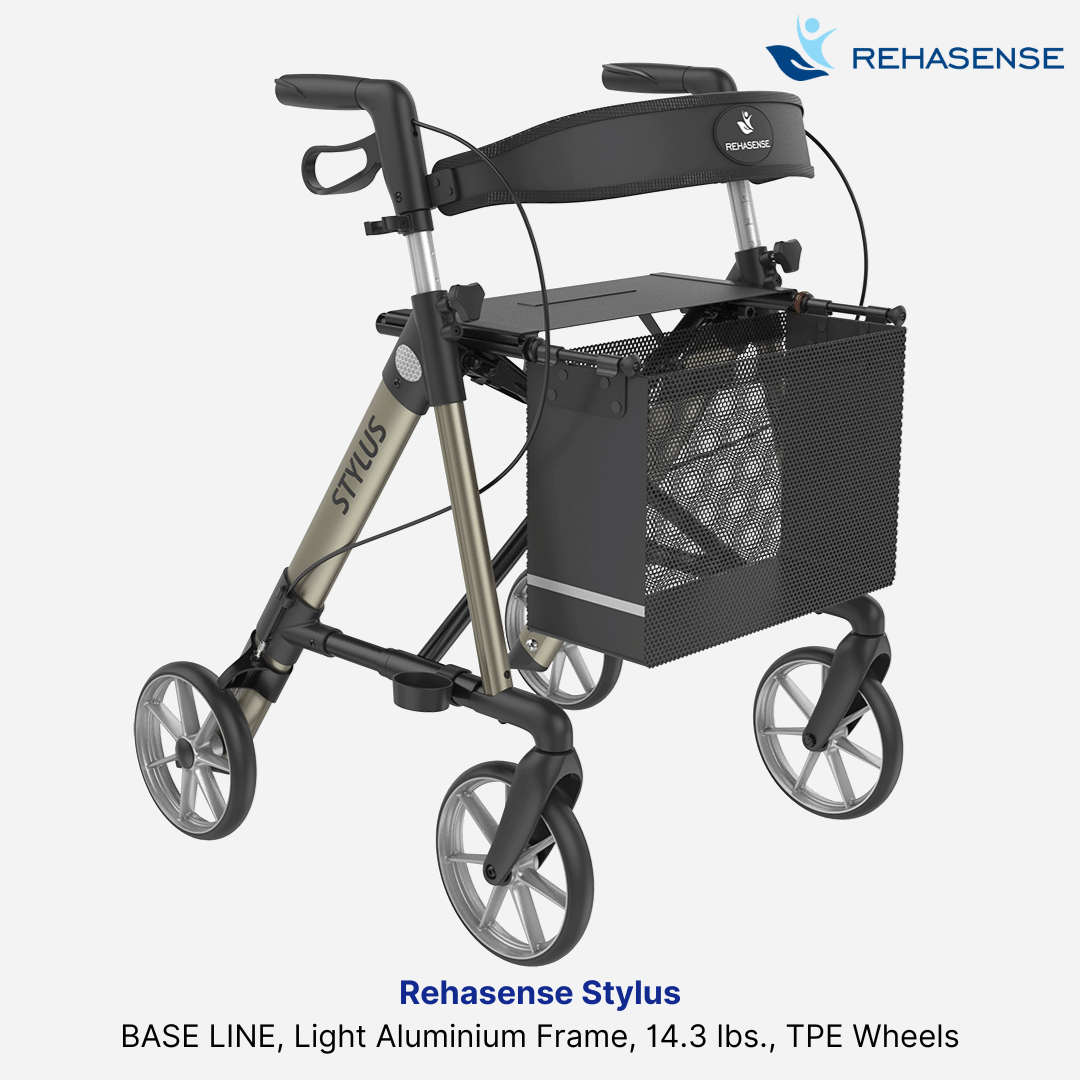 Rehasense Stylus Premium Standard Rollator, Light Aluminium Frame, 14.3 lbs, 330 lbs Cap, Strong