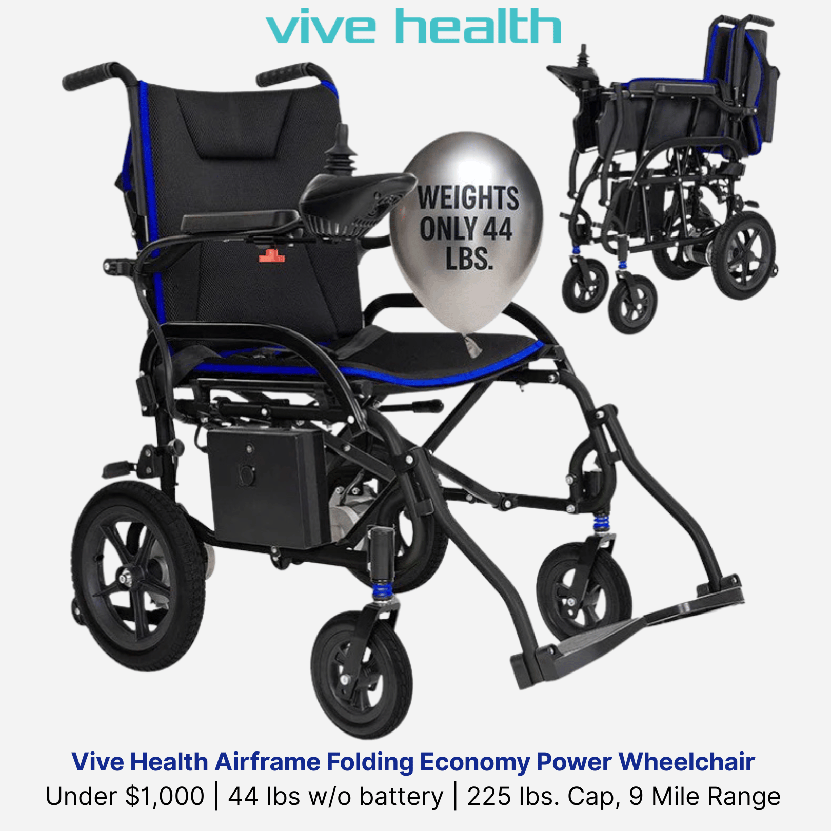 Vive Health Airframe Power Wheelchair, Under $1,000, 44 lbs w/o battery, 225 lbs. Cap, 9 Mile Range