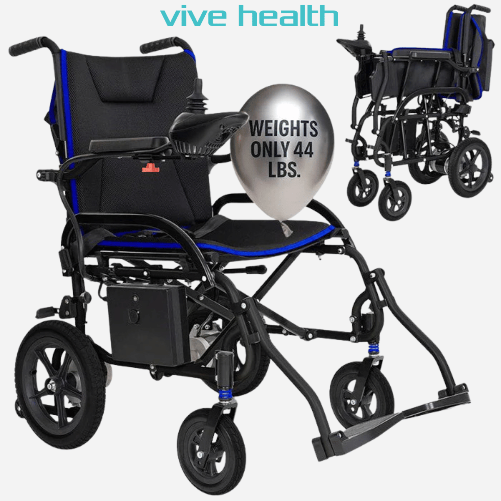 Vive Health Airframe Power Wheelchair, Under $1,000, 44 lbs w/o battery, 225 lbs. Cap, 9 Mile Range