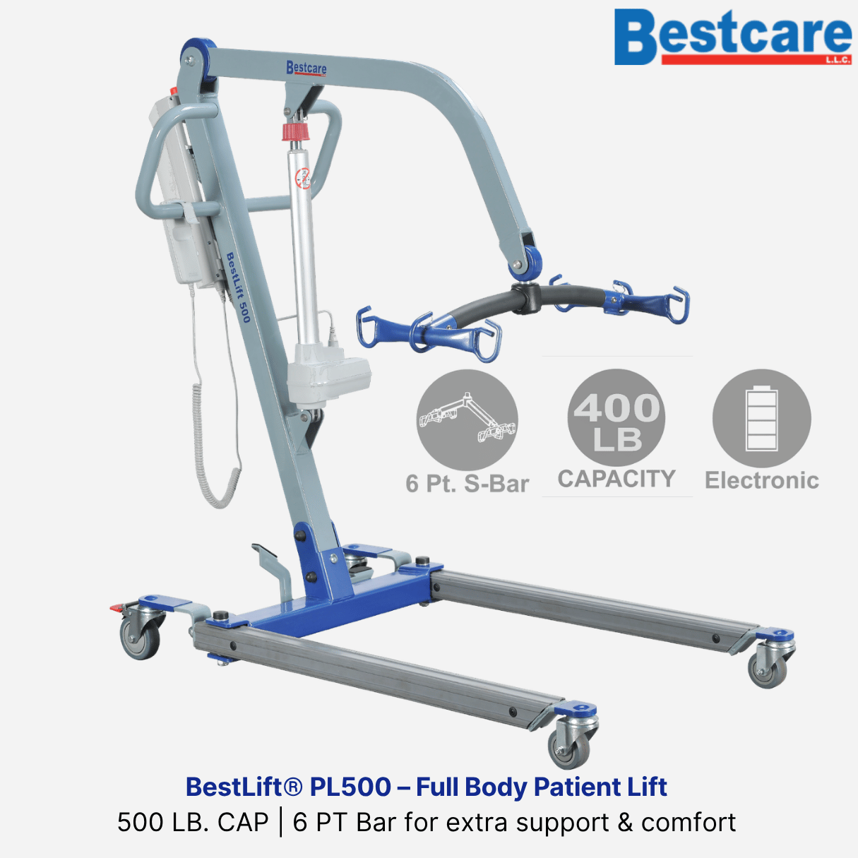 BestLift® PL500  Full Body Power Patient Lift, 500 lbs Cap, Low base height (4.9"), 6-Point Bar, Optional Scale + Extra Battery