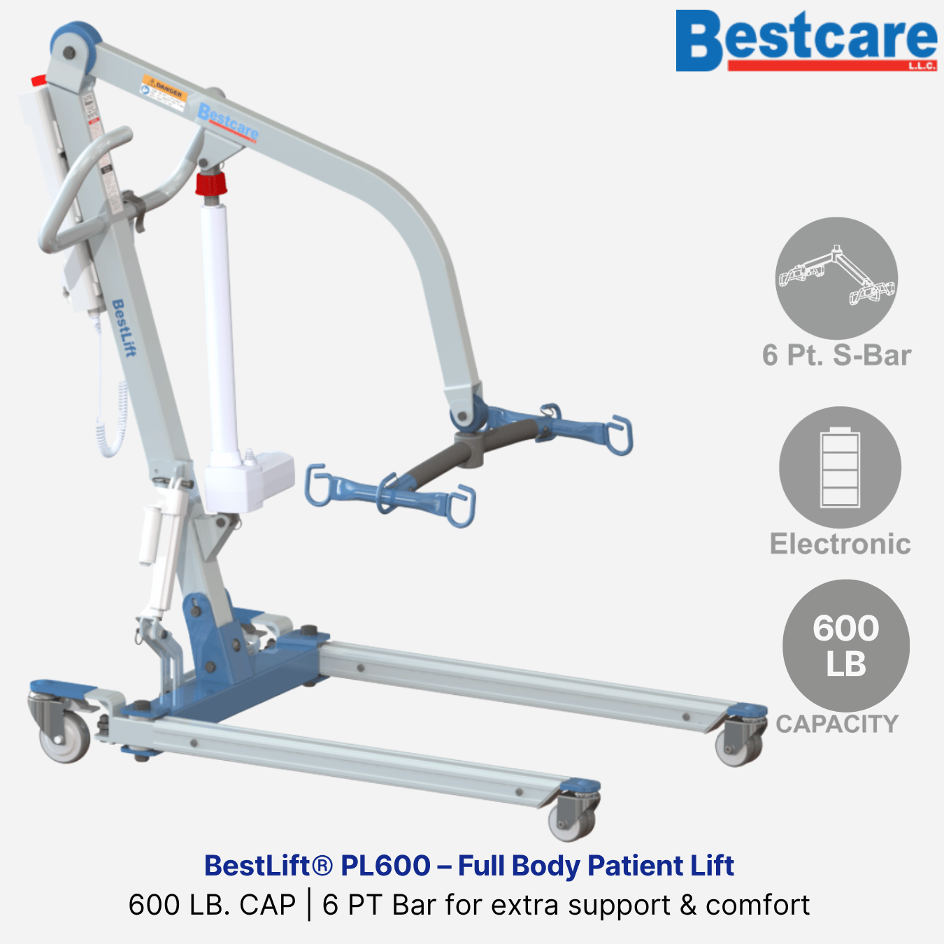 BestLift® PL600P Full Body Power Patient Lift, 600 lbs Cap, 6-Point Sturdy Bar, Low base height (4.9"), Great for Caregiver, Optional Scale + Extra Battery