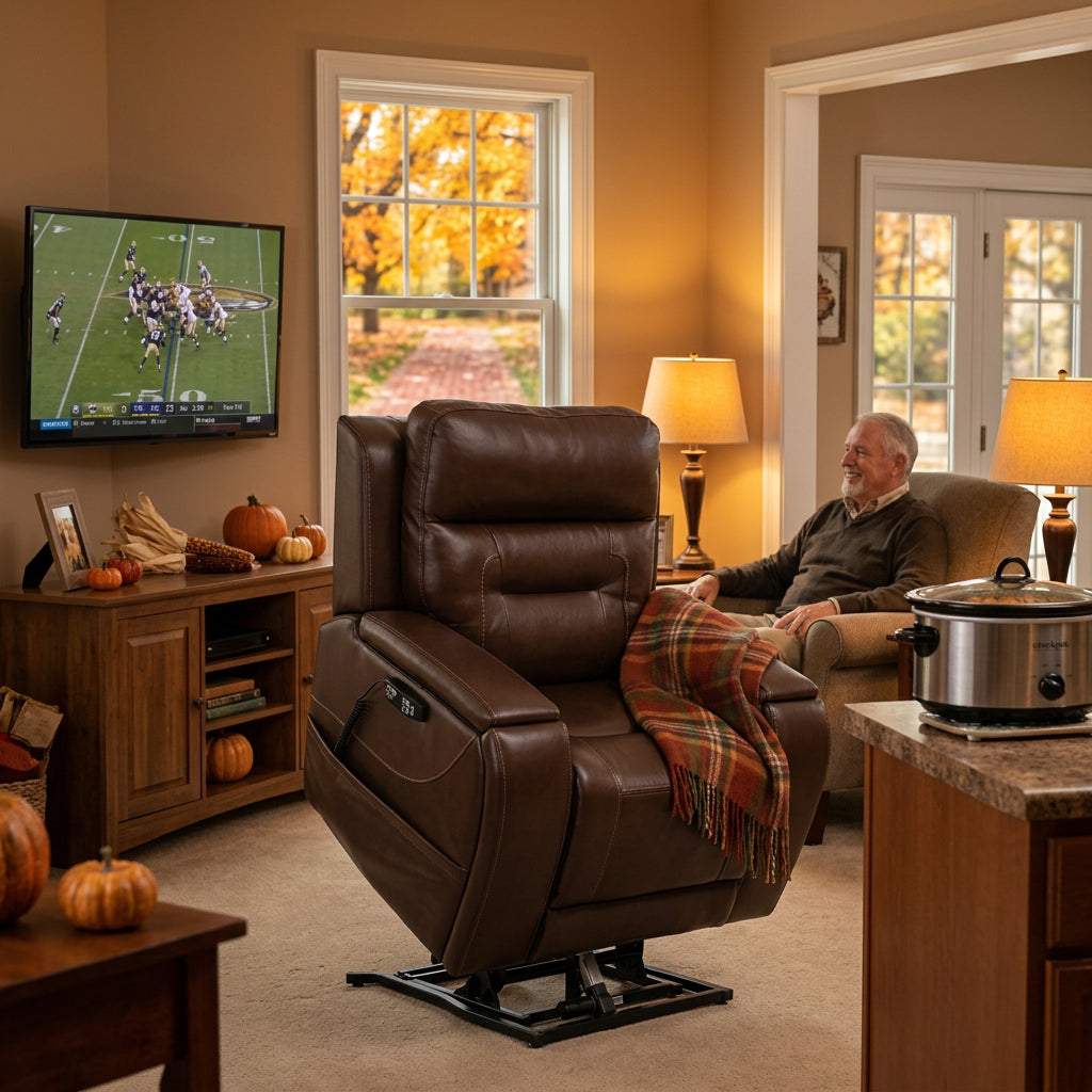 VivaLift!® Premier Lift Chair Recliner w/ Audio & Cinema Vibration, 100% American Leather, Back/Foot Control, Power Head & Lumbar, Cup Holder & Phone Charger