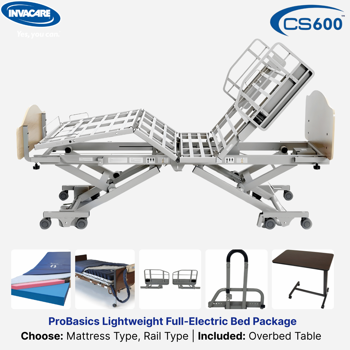 Invacare CS600™ Low Homecare Hospital Bed Package (Bed, Mattress, Rails, Table)