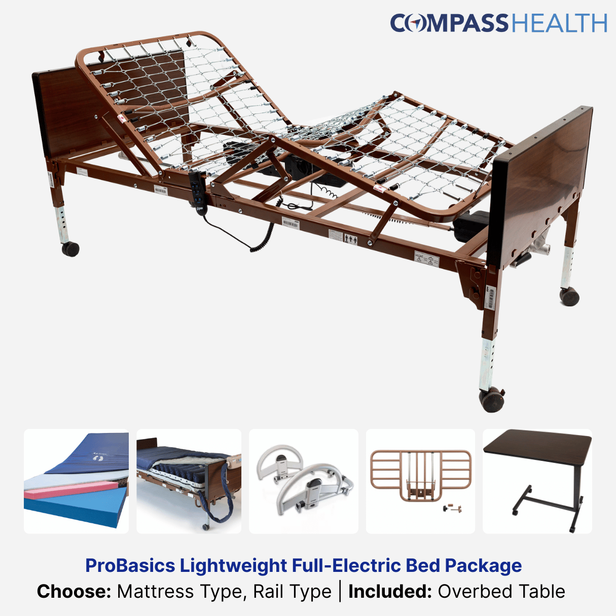 ProBasics Full-Electric Homecare Medical Bed Package (Bed, Mattress, Rails, Table)