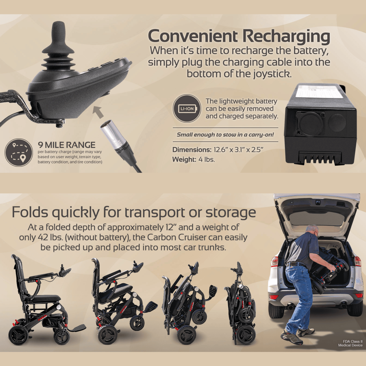 Lil Rascal Wheelchair Rascal® Carbon Cruiser Folding Electric Wheelchair, 300 lbs. Cap, 9.3