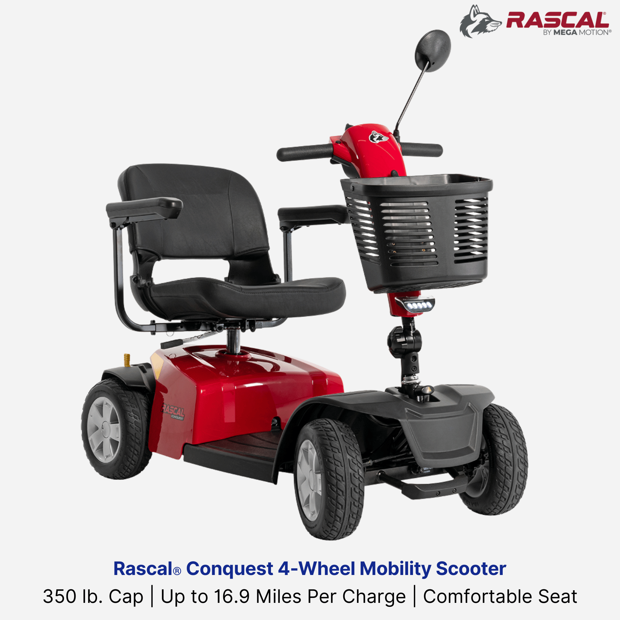 Rascal® Conquest 4-Wheel Mobility Scooter, 350 lb. Cap, 16.9 Mile Range, 10" Tires, Affordable (RSC104)