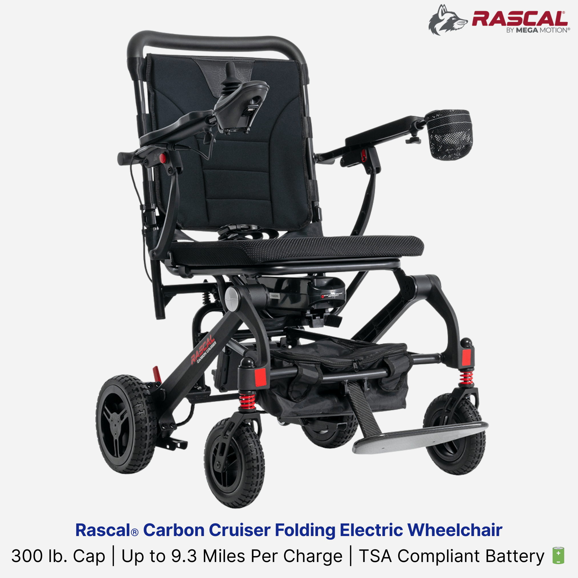 Rascal® Carbon Cruiser Folding Electric Wheelchair, 300 lbs. Cap, 9.3 mile battery, 42 lbs, TSA Safe, Easy Folding