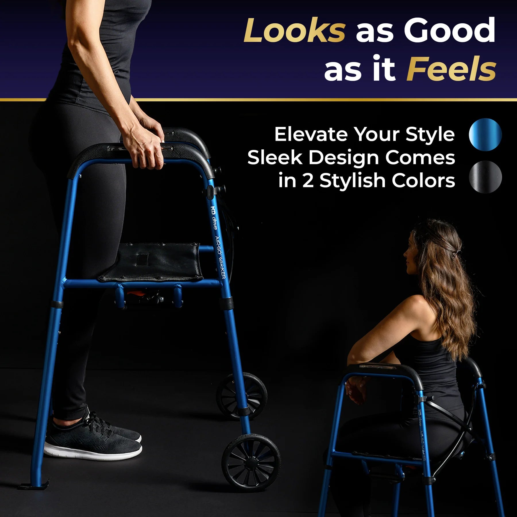 NEW! Drive Medical Air-Go™ Walkerw/ Seat, Airgonomic™ Air Bladder Grips, 8 lbs., Light, Easy to Fold Frame