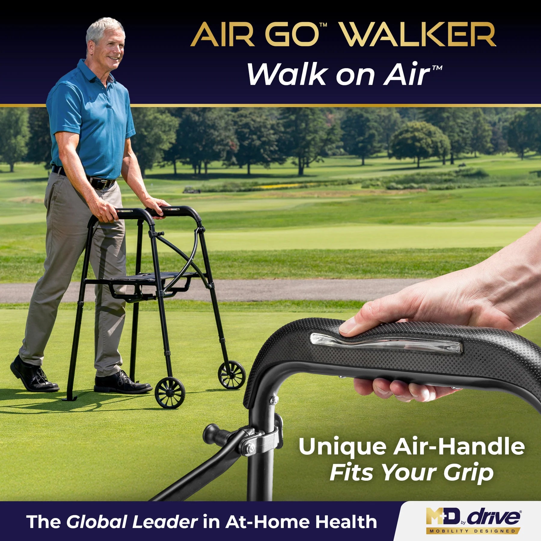 NEW! Drive Medical Air-Go™ Walkerw/ Seat, Airgonomic™ Air Bladder Grips, 8 lbs., Light, Easy to Fold Frame
